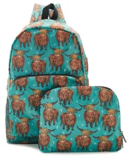 Highland Cow Teal - Foldable Backpack, skladací ruksačik