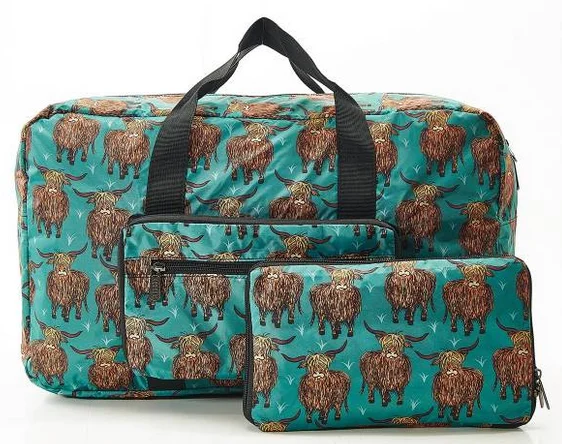Highland Cow Teal - Foldable Holdall, skladacia cestovná taška