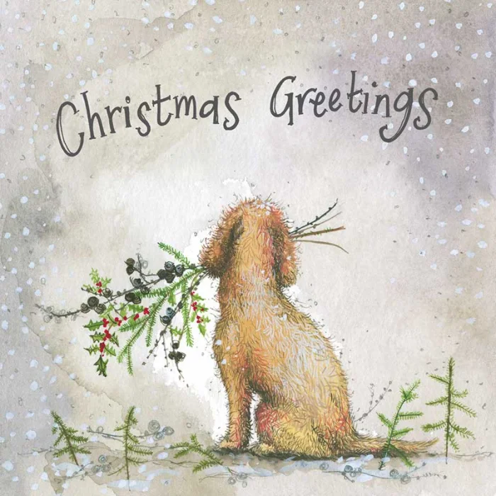 Dog and Larch Christmas Card (X182), prianie