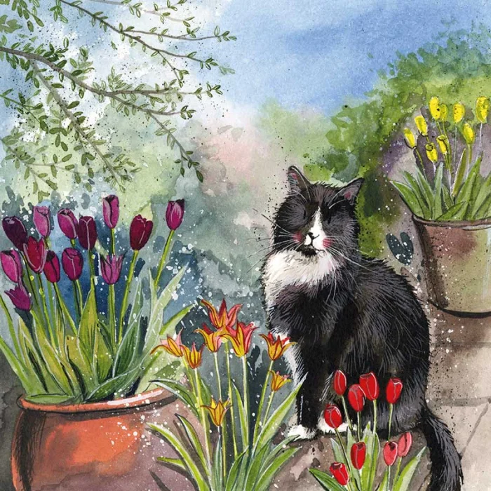 Cat and Tulips Blank Card (AC851), karta