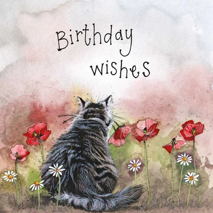 Birthday Wishes Cat and Poppies Card (S468), prianie
