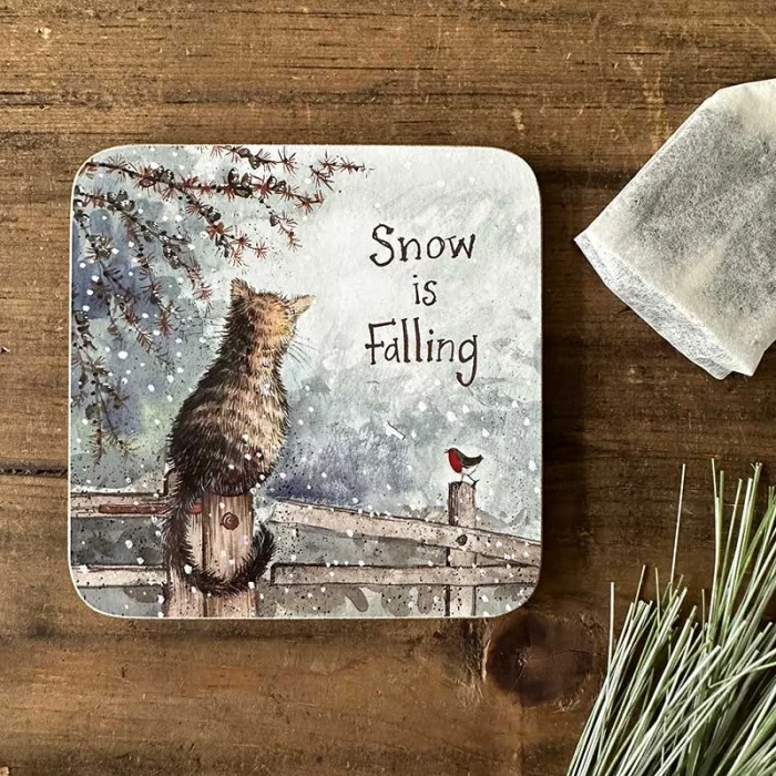 Snow is Falling Cat Christmas Coaster XC10, podložka pod pohár