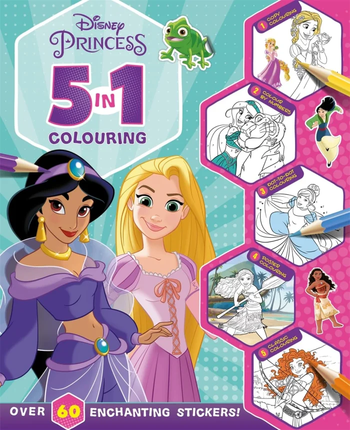 Disney Princess: 5 in 1 Colouring, omaľovánka s nálepkami