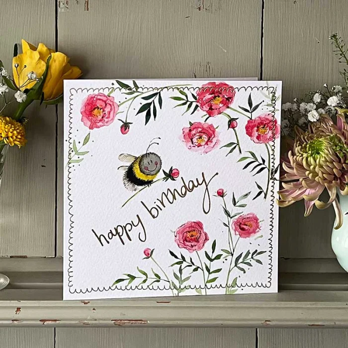 Bee and Pink Peonies Birthday Card (S522), prianie
