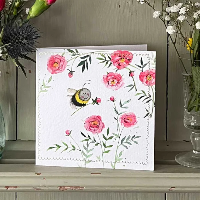 Bee and Pink Peonies Blank Card (LS199), malé prianie