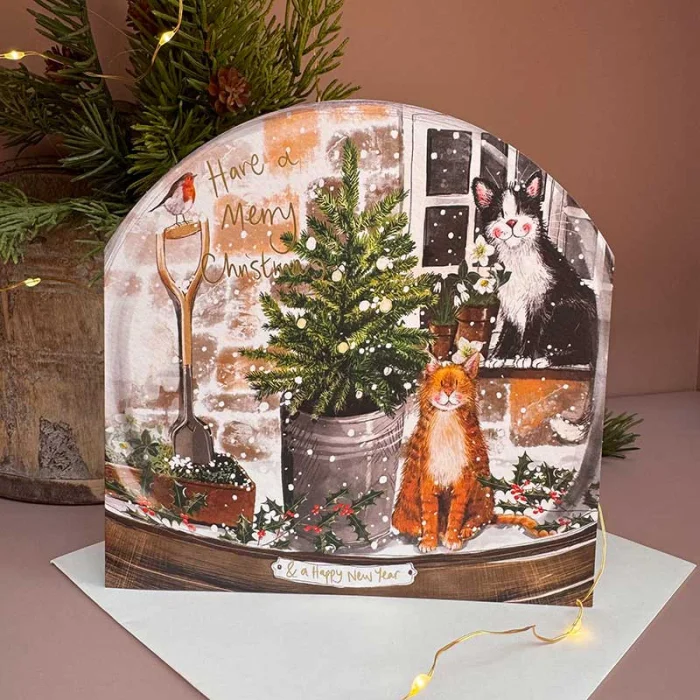 Cats and Christmas Tree Snow Globe Card (XG04), prianie